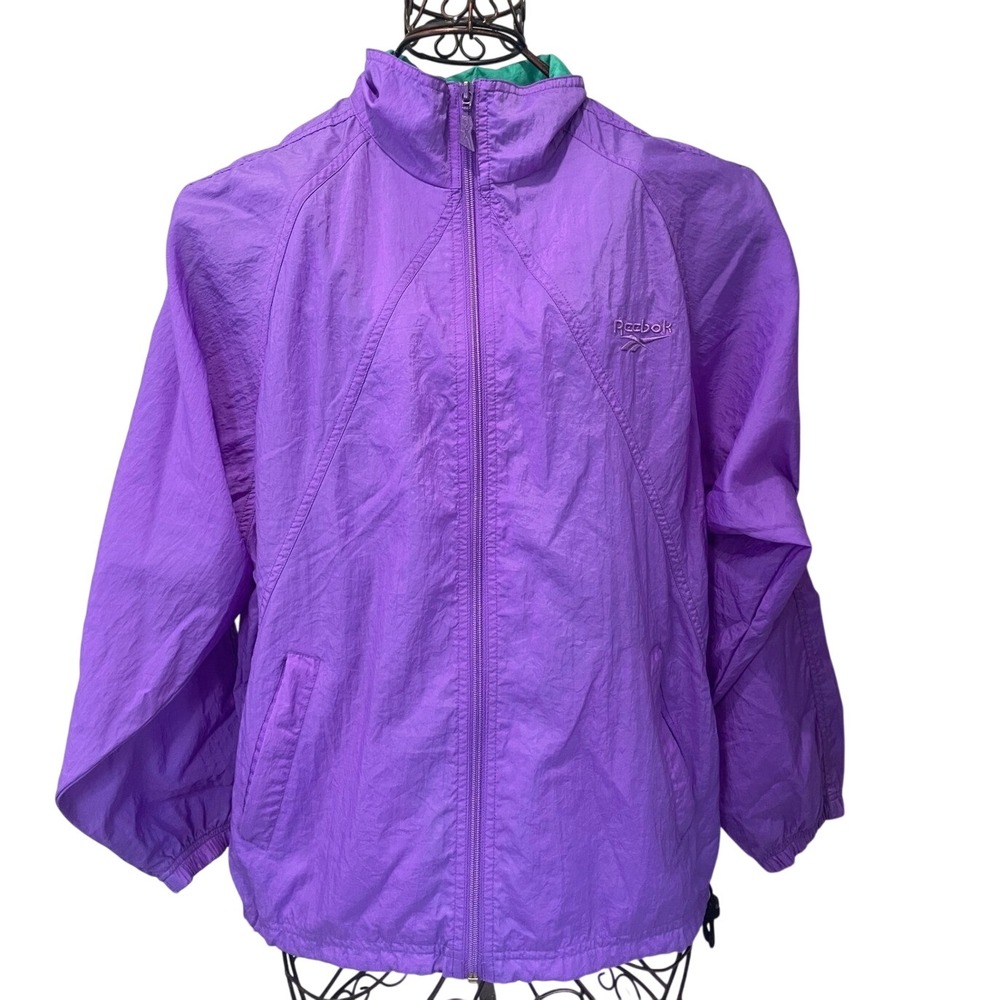 Vintage Womens Small Reebok Purple Nylon Full Zip Windbreaker Track‎ Jacket Teal